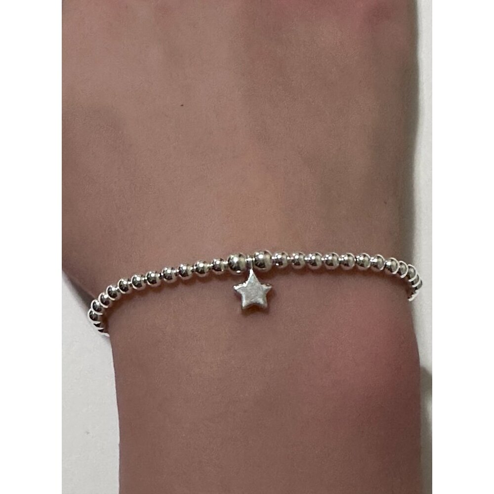 925 Sterling Silver Beaded Stretch Stacking Bracelet Minimalist Star Charm - Picture 2 of 4